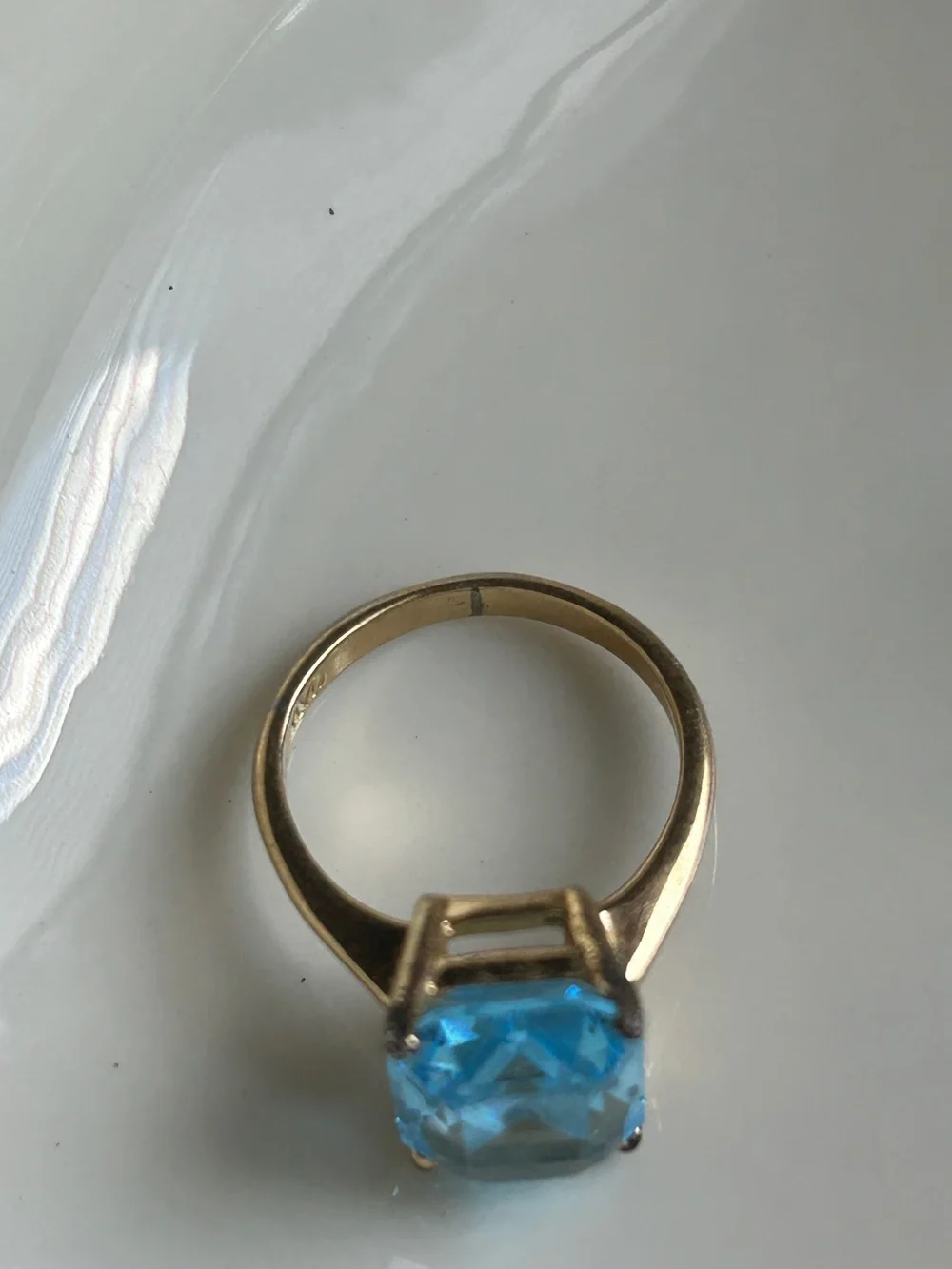 Blue Topaz Ring Emerald Cushion Cut Cocktail Ring - Gold Tone Square Size 6